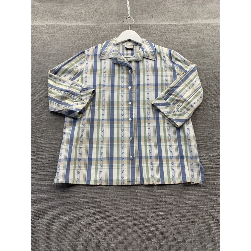 Kim Rogers Essentials Shirt Womens Petite Multicolor Plaid Side Slit Button Up